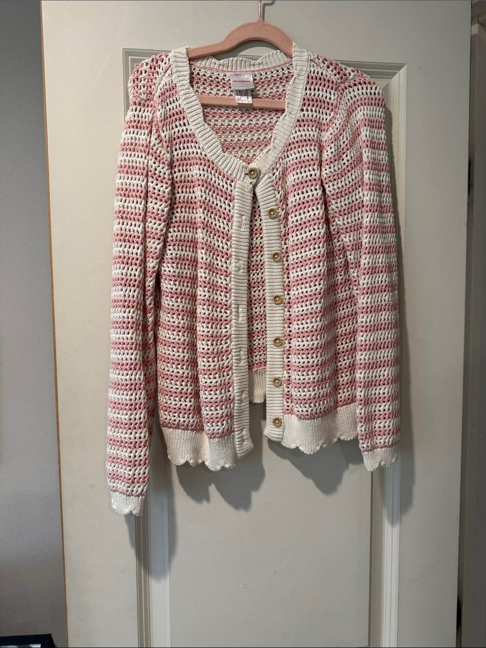 Hanna Andersson Pink & Cream Open-Knit Button Cardigan